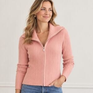 Talbots Collection VTG SZ M Pure Cashmere Ribbed Zip Front Cardigan Peach/Pink